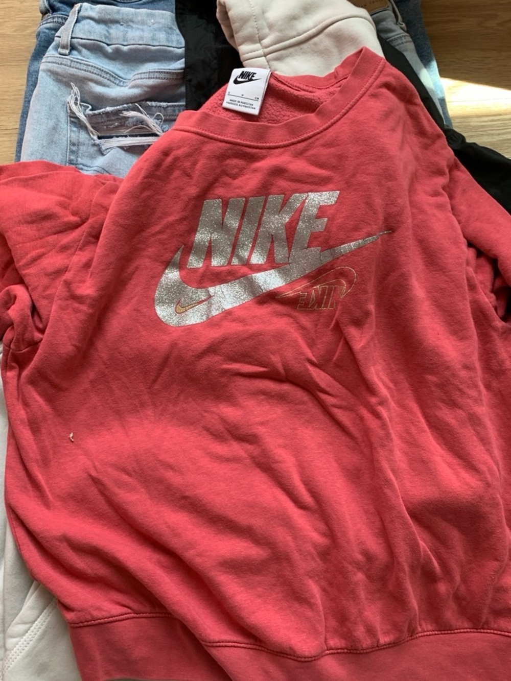 Nike Kids Coral Sweatshirt with Silver Glitter Swoosh